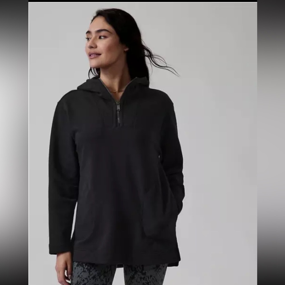 ATHLETA Retroplush Tunic Hoodie Medium  Black Sweatshirt EUC